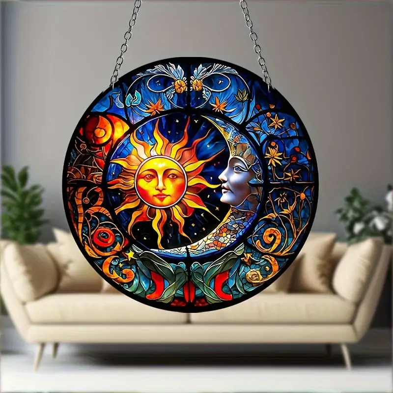 Vibrant Sun and Moon Suncatcher Stained Plastic Window Hanging with Colorful Design
