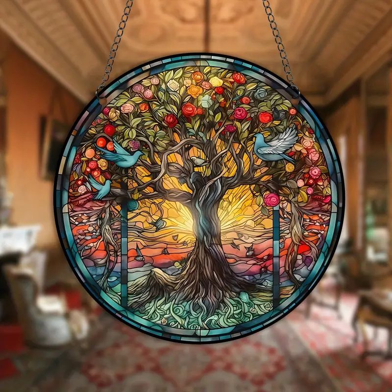 Unique Tree of Life Faux Stained Glass Suncatcher Vibrant Colorful Hanging Decor for Outdoor