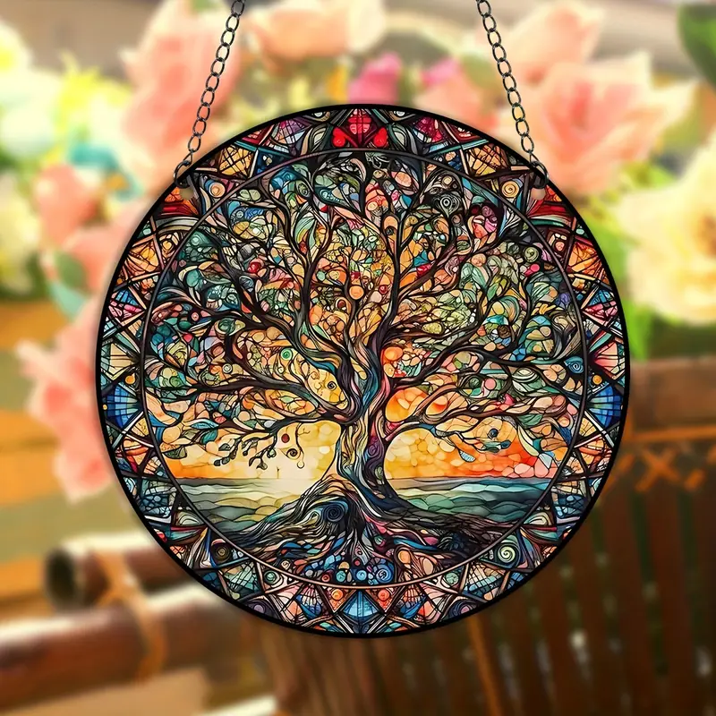 Unique Tree of Life Faux Stained Glass Suncatcher Vibrant Colorful Hanging Decor for Outdoor