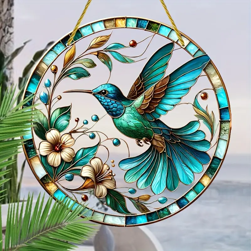 Hummingbird & Floral Suncatcher Faux Stained Glass Hanging Decor for Windows, Walls, Gardens