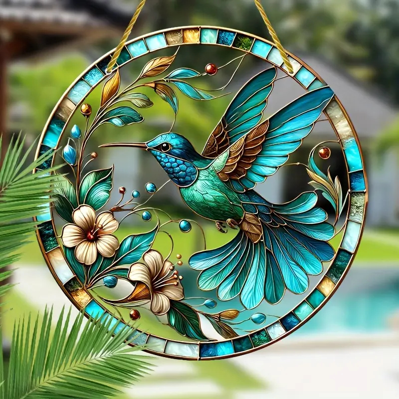 Hummingbird & Floral Suncatcher Faux Stained Glass Hanging Decor for Windows, Walls, Gardens
