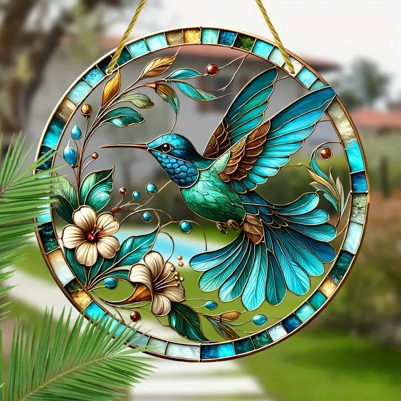 Hummingbird & Floral Suncatcher Faux Stained Glass Hanging Decor for Windows, Walls, Gardens
