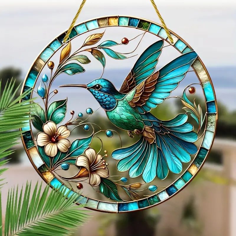 Hummingbird & Floral Suncatcher Faux Stained Glass Hanging Decor for Windows, Walls, Gardens
