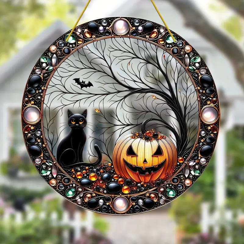 Halloween Suncatcher Decoration Black Cat & Pumpkin Design Window Hanging