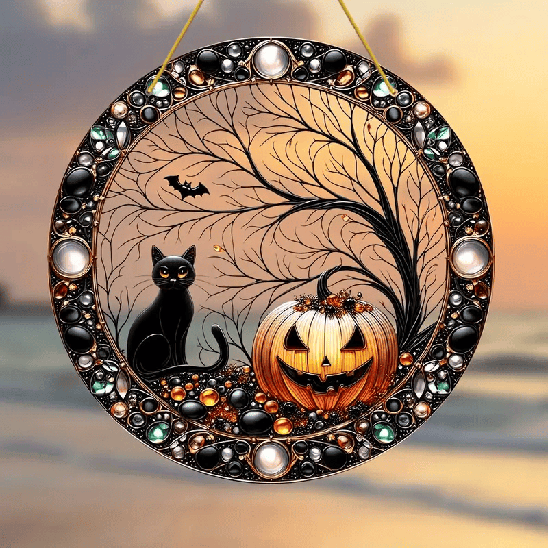 Halloween Suncatcher Decoration Black Cat & Pumpkin Design Window Hanging