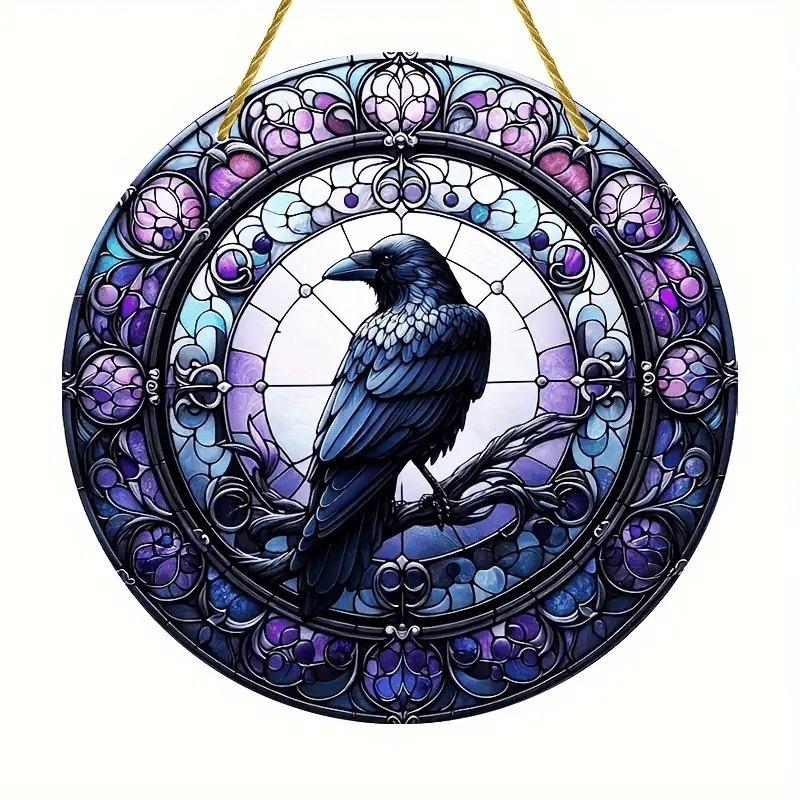 Faux Stained Glass Crow on Branch Round Sign Acrylic Suncatcher, Window Hanging Ornament, Wreath Deco