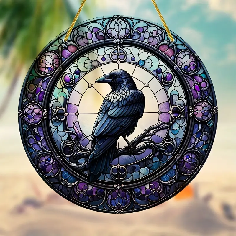 Faux Stained Glass Crow on Branch Round Sign Acrylic Suncatcher, Window Hanging Ornament, Wreath Deco