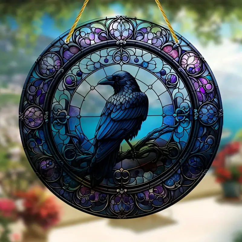 Faux Stained Glass Crow on Branch Round Sign Acrylic Suncatcher, Window Hanging Ornament, Wreath Deco
