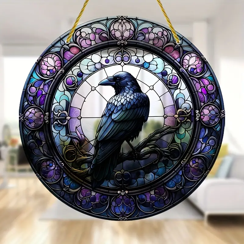 Faux Stained Glass Crow on Branch Round Sign Acrylic Suncatcher, Window Hanging Ornament, Wreath Deco