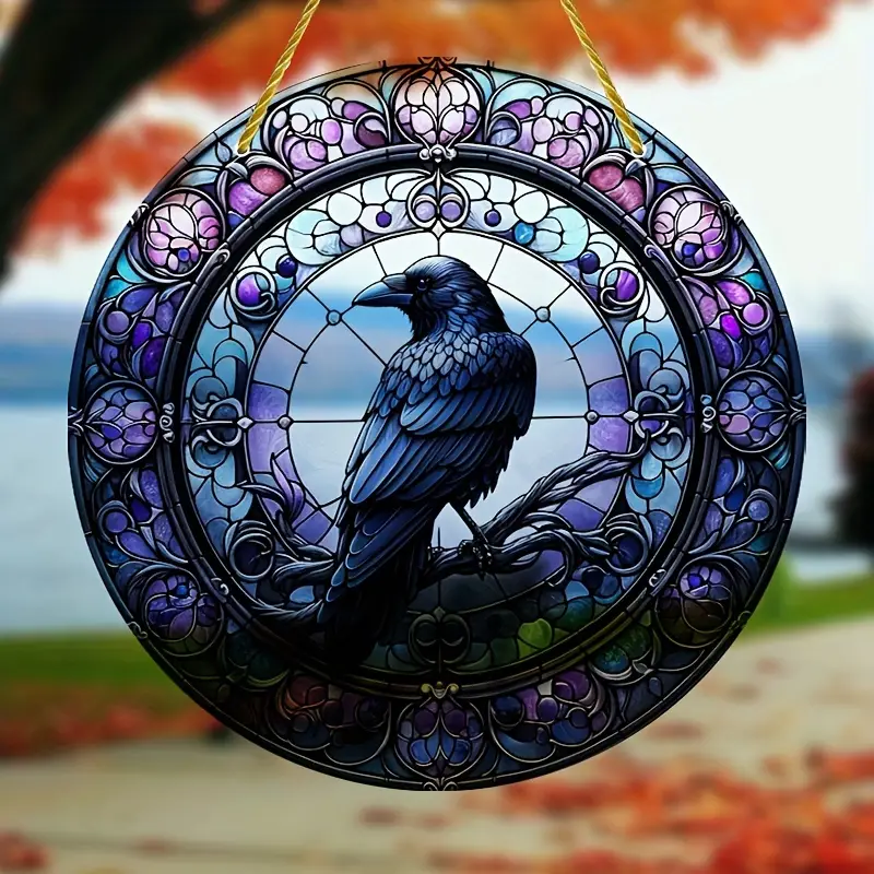 Faux Stained Glass Crow on Branch Round Sign Acrylic Suncatcher, Window Hanging Ornament, Wreath Deco