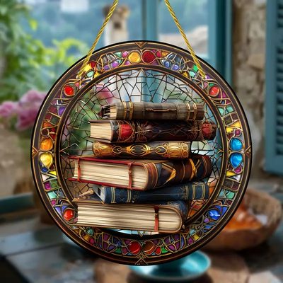Magic Book Stack Faux Stained Glass Suncatcher Hanging Decoration, Gift For Book Lover