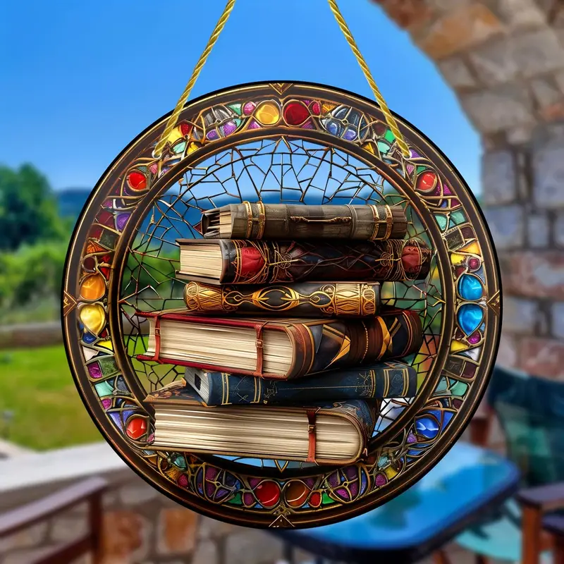 Magic Book Stack Faux Stained Glass Suncatcher Hanging Decoration, Gift For Book Lover