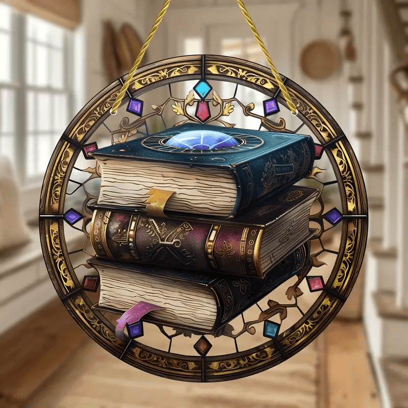 Magic Book Stack Faux Stained Glass Suncatcher Hanging Home Decoration, Gift For Book Lover