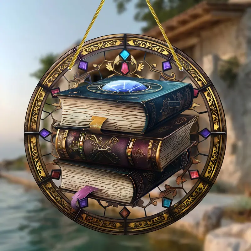 Magic Book Stack Faux Stained Glass Suncatcher Hanging Home Decoration, Gift For Book Lover