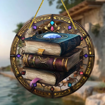 Magic Book Stack Faux Stained Glass Suncatcher Hanging Home Decoration, Gift For Book Lover