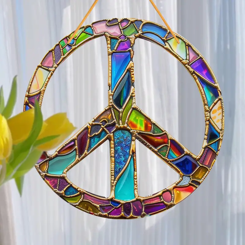 Peace Sign Faux Stained Glass Suncatcher Perfect for Window, Porch & Wall Decor Hippie Sign Sun Catcher