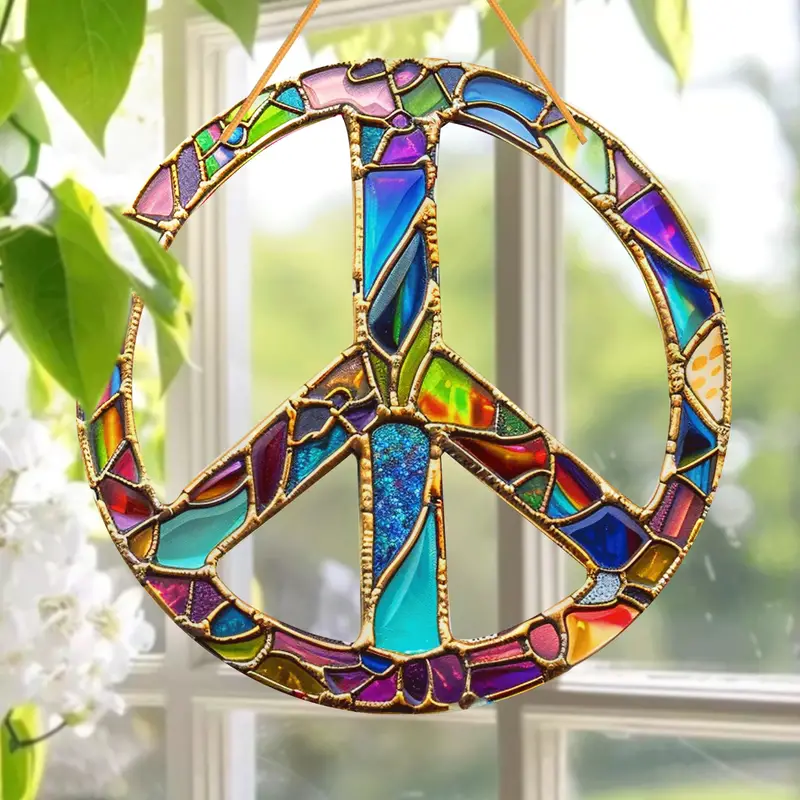 Peace Sign Faux Stained Glass Suncatcher Perfect for Window, Porch & Wall Decor Hippie Sign Sun Catcher