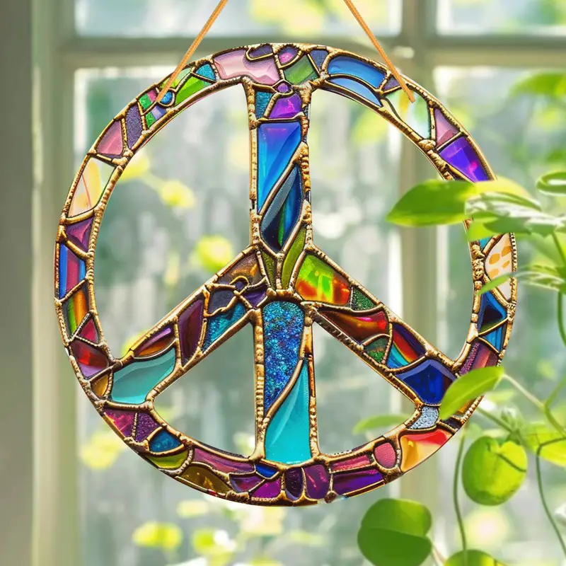 Peace Sign Faux Stained Glass Suncatcher Perfect for Window, Porch & Wall Decor Hippie Sign Sun Catcher