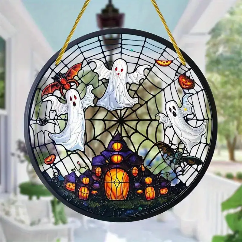 Spectral Ghost Suncatcher - Party Favors, Acrylic Window Hanging, Round Sign for Halloween Decor