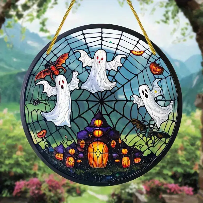 Spectral Ghost Suncatcher - Party Favors, Acrylic Window Hanging, Round Sign for Halloween Decor