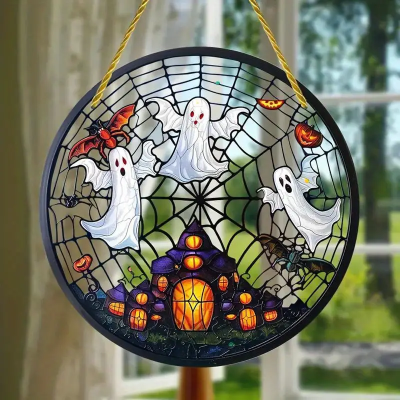 Spectral Ghost Suncatcher - Party Favors, Acrylic Window Hanging, Round Sign for Halloween Decor