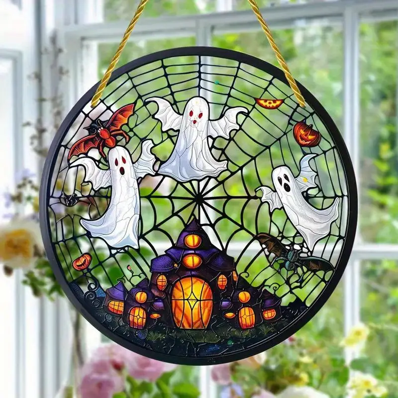 Spectral Ghost Suncatcher - Party Favors, Acrylic Window Hanging, Round Sign for Halloween Decor