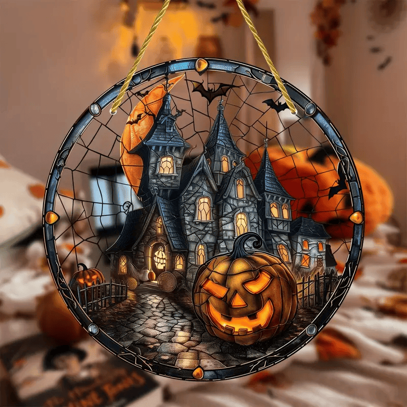 Halloween Haunted Mansion Town Light Catcher Round Acrylic Window Hanging, Perfect for Home & Garden Decor