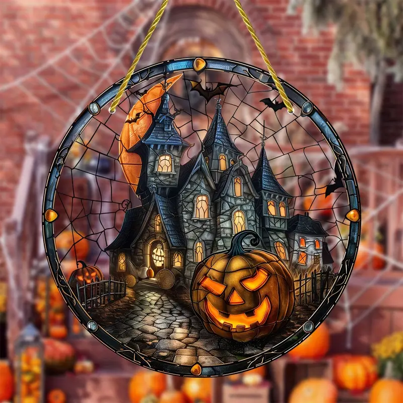 Halloween Haunted Mansion Town Light Catcher Round Acrylic Window Hanging, Perfect for Home & Garden Decor