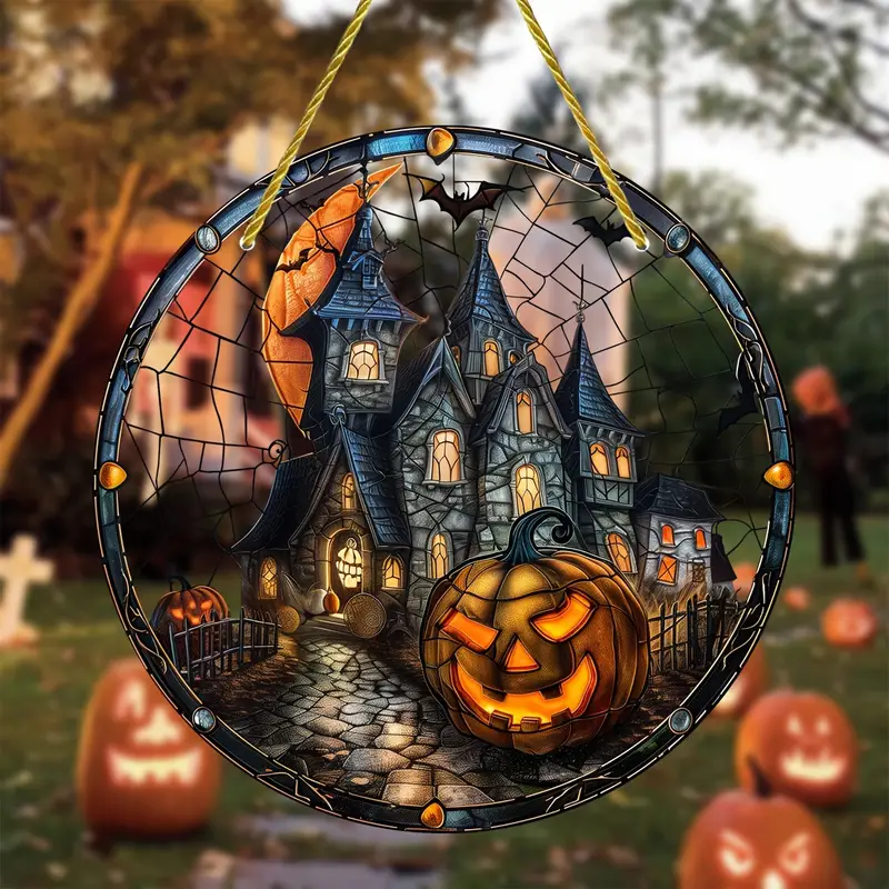 Halloween Haunted Mansion Town Light Catcher Round Acrylic Window Hanging, Perfect for Home & Garden Decor