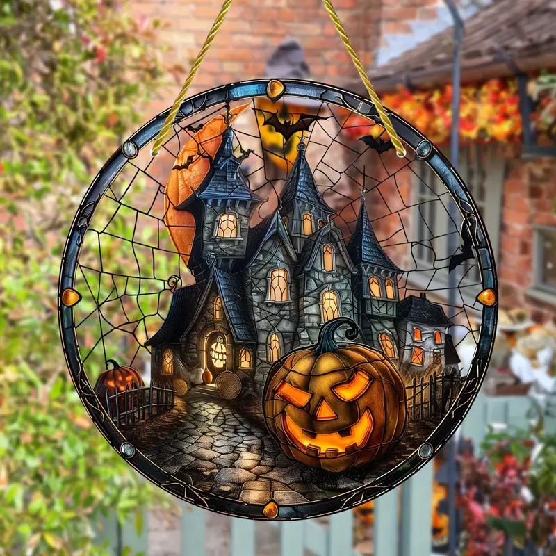 Halloween Haunted Mansion Town Light Catcher Round Acrylic Window Hanging, Perfect for Home & Garden Decor