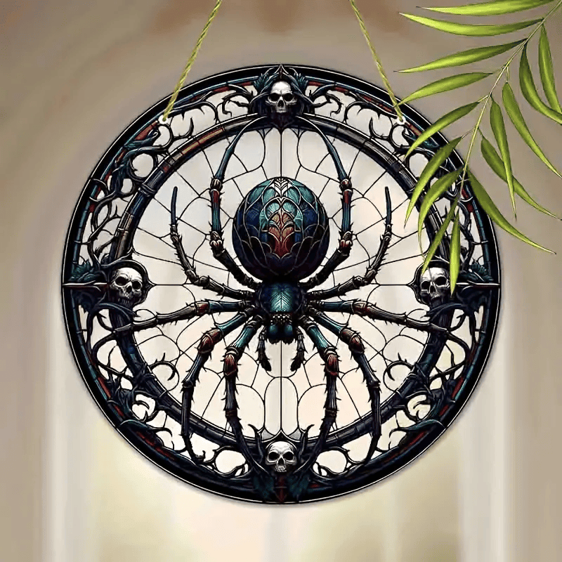 Vibrant Spiders and Skeletons Faux Stained Glass Suncatcher Halloween Window Hanging Ornament, Gothic Wall Art Decor