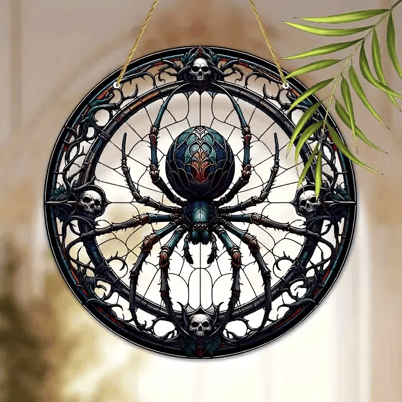 Vibrant Spiders and Skeletons Faux Stained Glass Suncatcher Halloween Window Hanging Ornament, Gothic Wall Art Decor