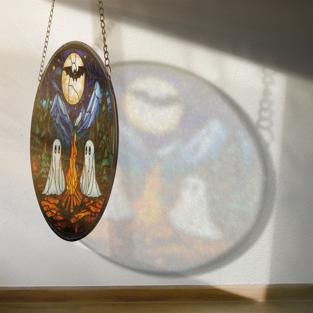 Campfire Halloween Stain Glass Hanging, Spooky Ghost Couple Halloween Decoration,Camper Gift, Halloween Gift