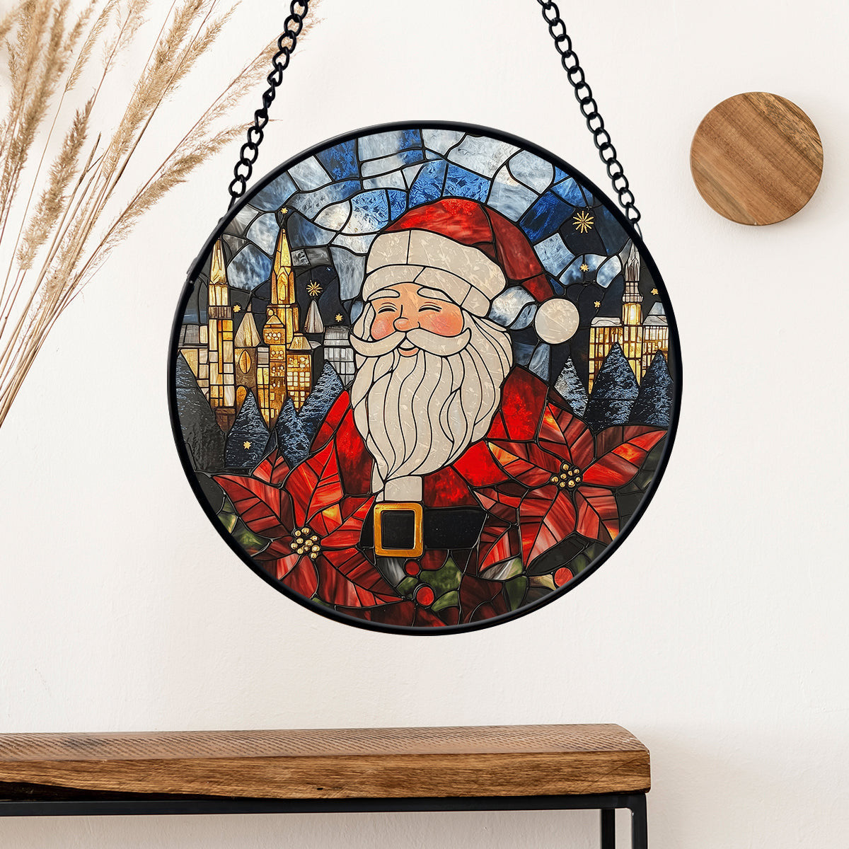 Christmas Santa City Faux Stained Glass Suncatcher Window Hanging, Family Home Decor, Christmas Stanied Glass Suncatcher Decor Home