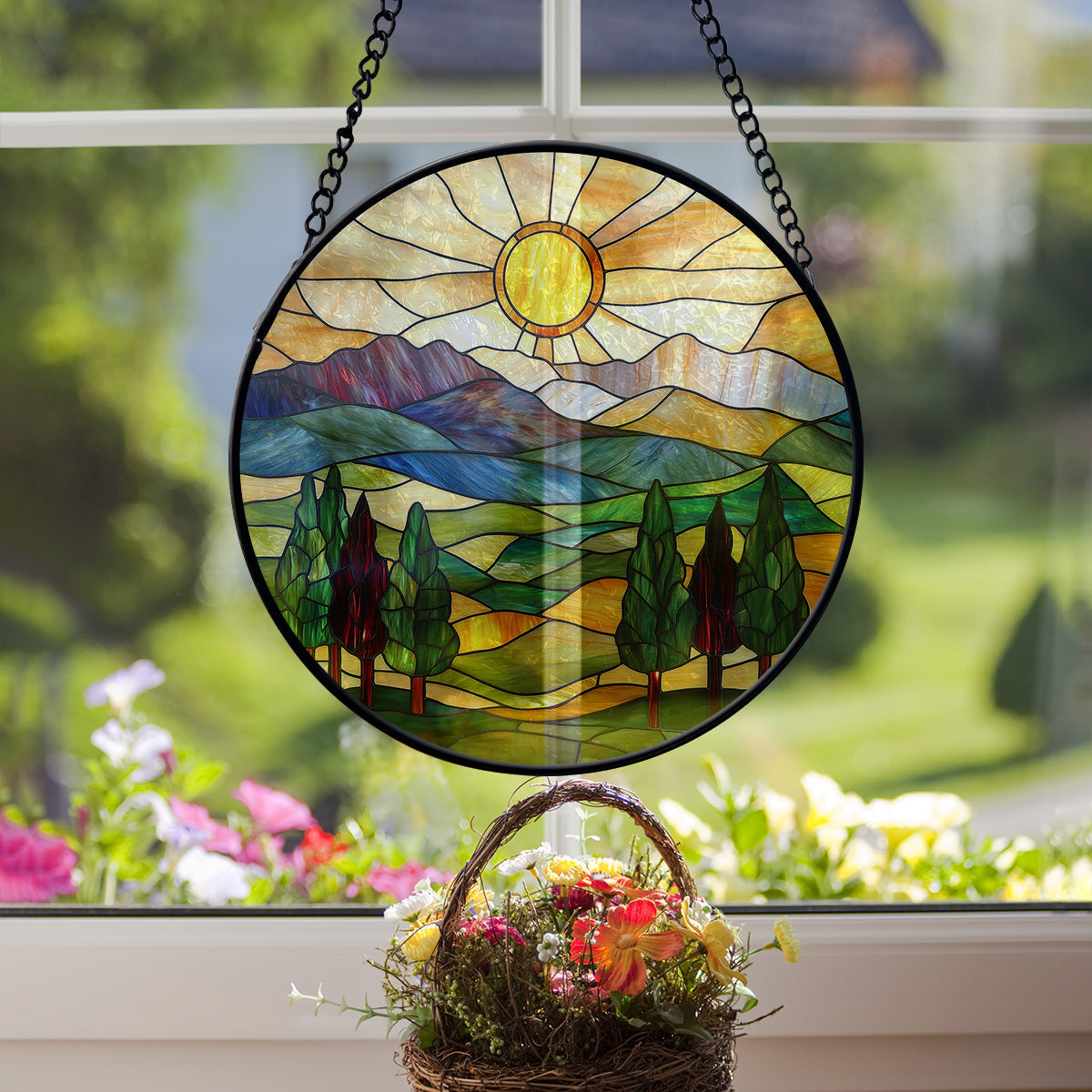 Mountain Range Faux Stained Glass Suncatcher Window Hanging Decor, Outdoor Sun Catcher Decor, Faux Stained Glass Suncatcher Hanging Home Decor