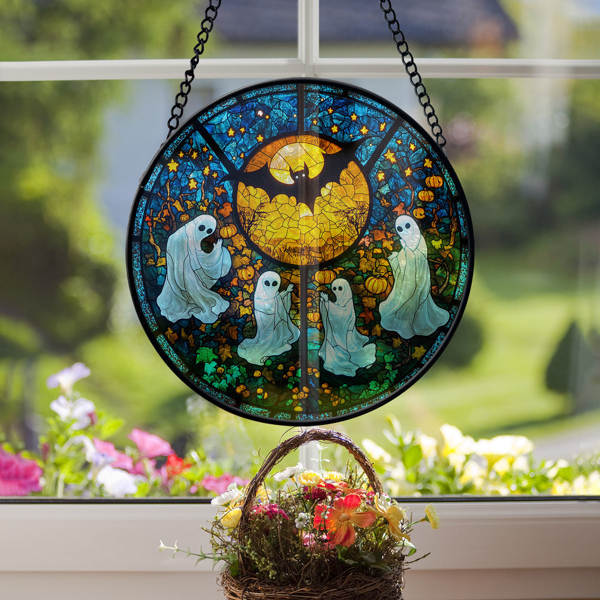 Halloween Boo Faux Stained Glass Suncatcher Window Hanging, Halloween Faux Stained Glass Suncatcher Printed, Halloween Suncatcher, Home Decor Gift
