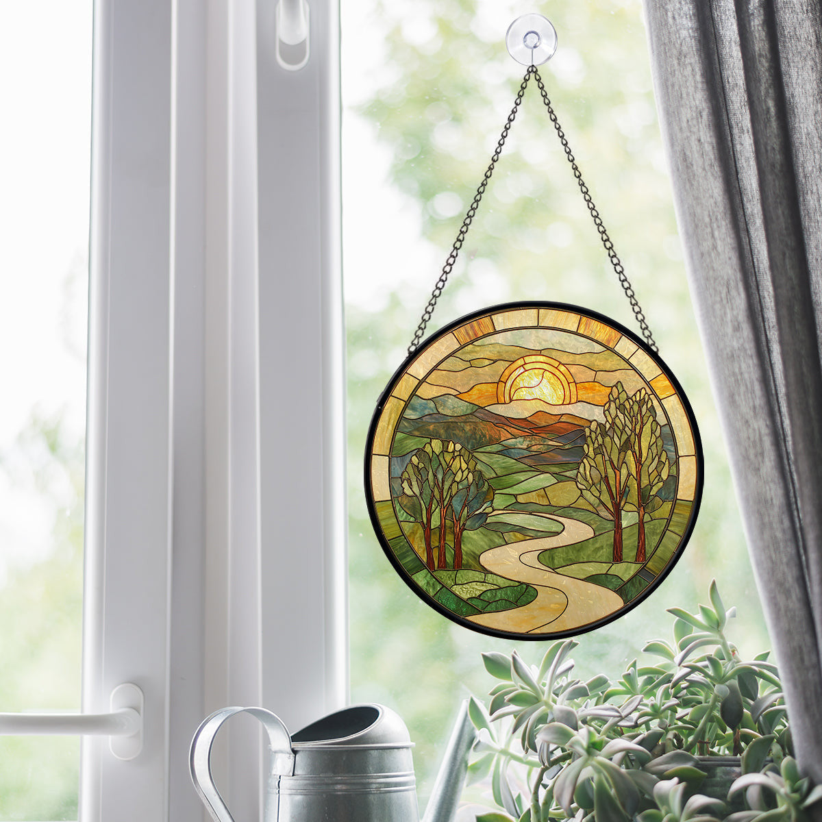 Mountain Road Faux Stained Glass Suncatcher Window Hanging Decor, Outdoor Suncatcher Decor, Faux Stained Glass Suncatcher Hanging Home Decor