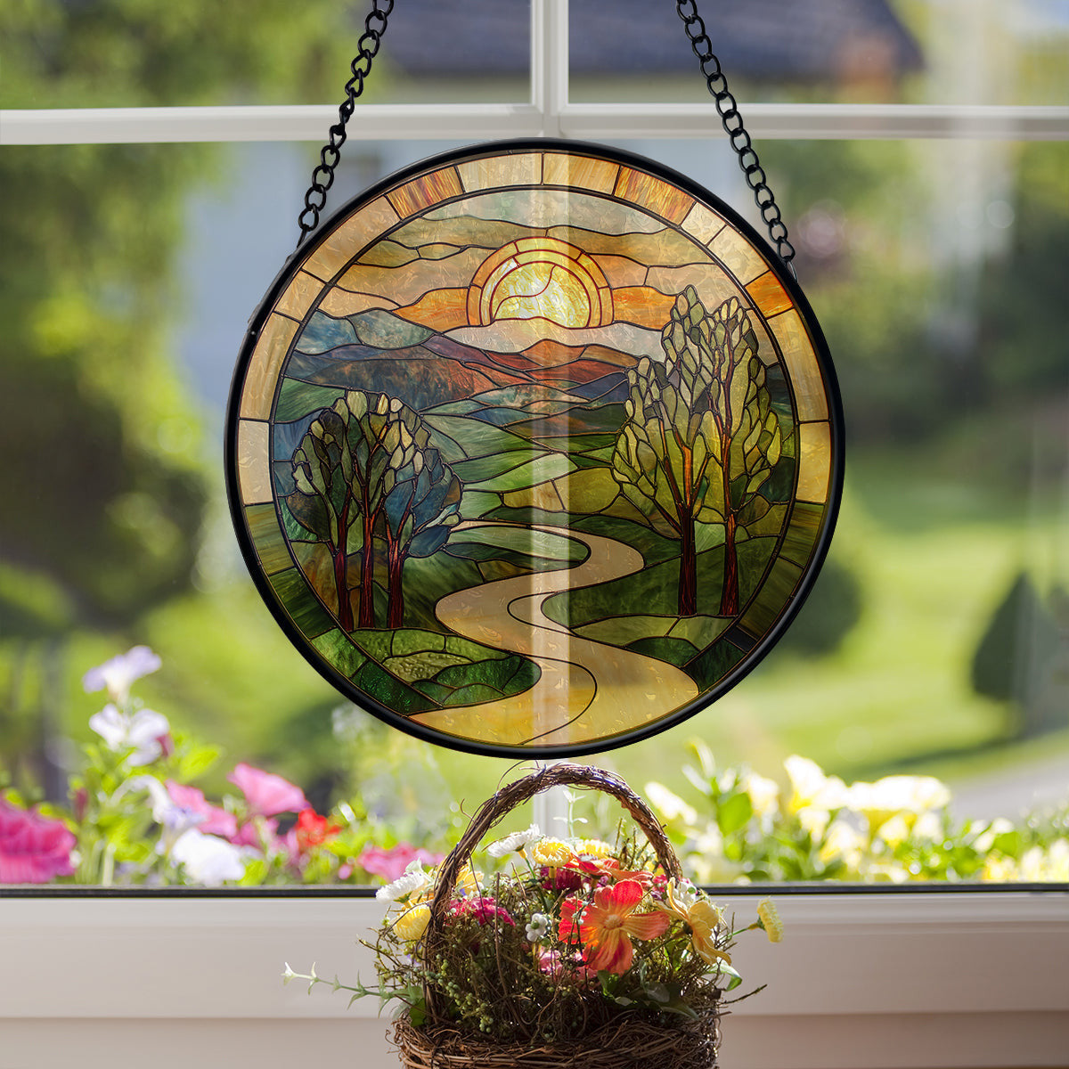 Mountain Road Faux Stained Glass Suncatcher Window Hanging Decor, Outdoor Suncatcher Decor, Faux Stained Glass Suncatcher Hanging Home Decor