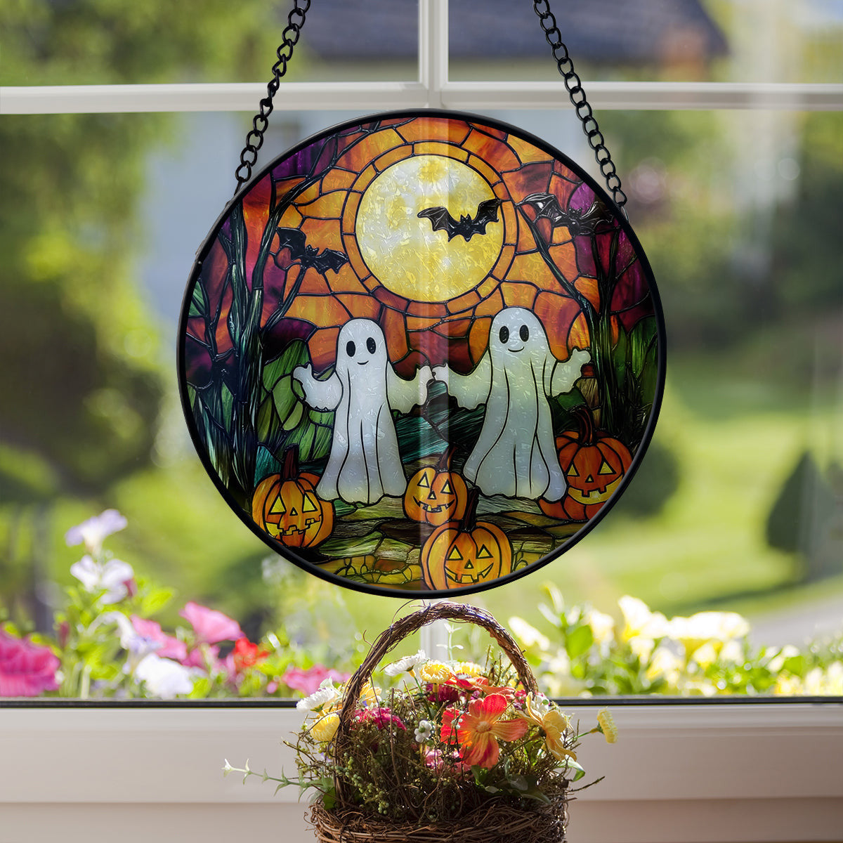 Halloween Spooky Ghost Faux Stained Glass Suncatcher Window Hanging, Halloween Home Decor, Family Gift