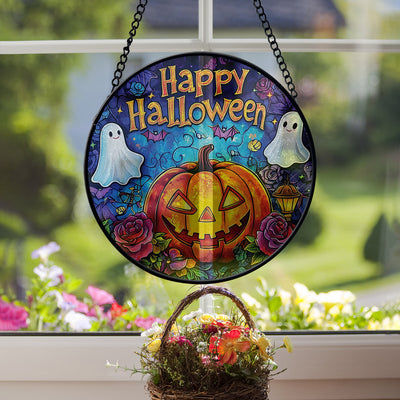 Happy Halloween Stain Glass Hanging, Spooky Ghost Pumpkin Halloween Faux Stained Glass Suncatcher Decoration, Halloween Gift Decoration
