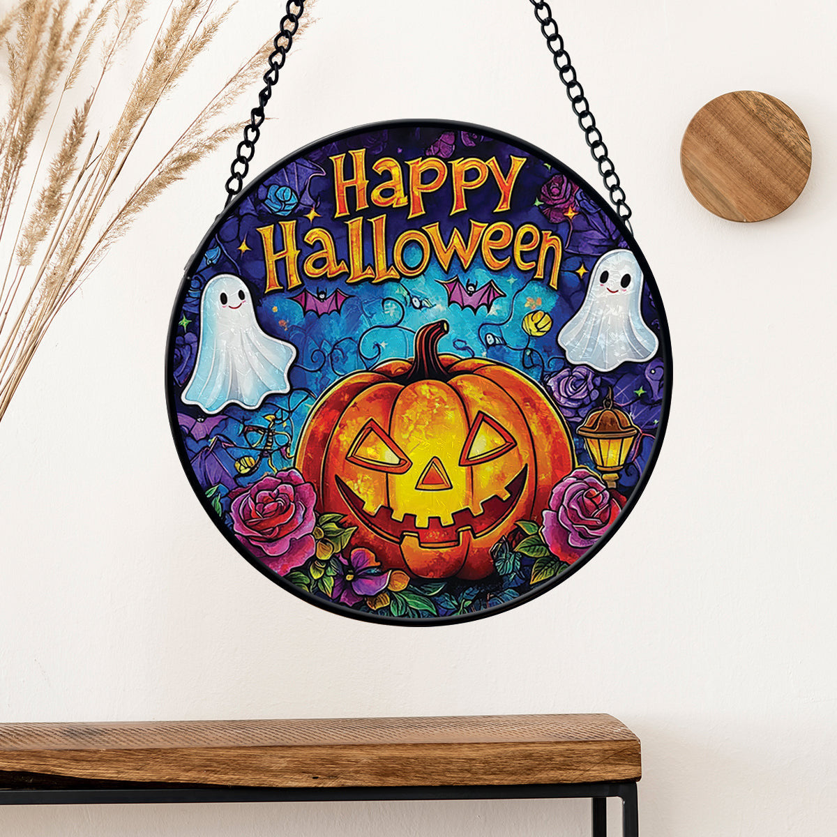 Happy Halloween Stain Glass Hanging, Spooky Ghost Pumpkin Halloween Faux Stained Glass Suncatcher Decoration, Halloween Gift Decoration