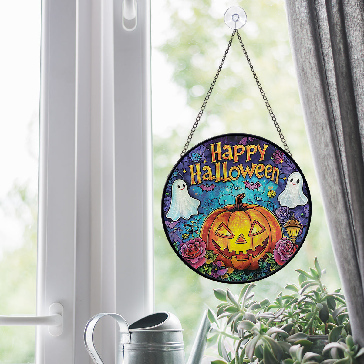Happy Halloween Stain Glass Hanging, Spooky Ghost Pumpkin Halloween Faux Stained Glass Suncatcher Decoration, Halloween Gift Decoration