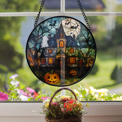 Halloween Faux Stained Glass Suncatcher Window Hanging, Halloween Boo Pumpkin Faux Stained Glass Suncatcher Printed, Halloween Suncatcher Home Decoration