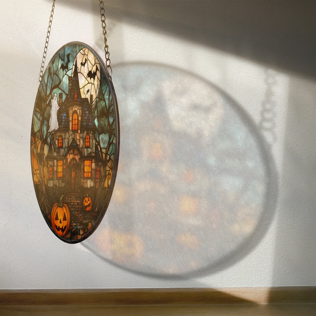 Halloween Faux Stained Glass Suncatcher Window Hanging, Halloween Boo Pumpkin Faux Stained Glass Suncatcher Printed, Halloween Suncatcher Home Decoration