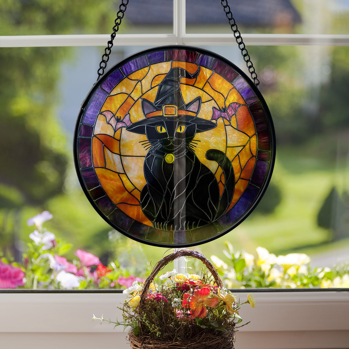 Halloween Black Cat Faux Stained Glass Suncatcher, Halloween Ghost Decorations, Halloween Black Cat Spooky Season Gift For Cat Lover