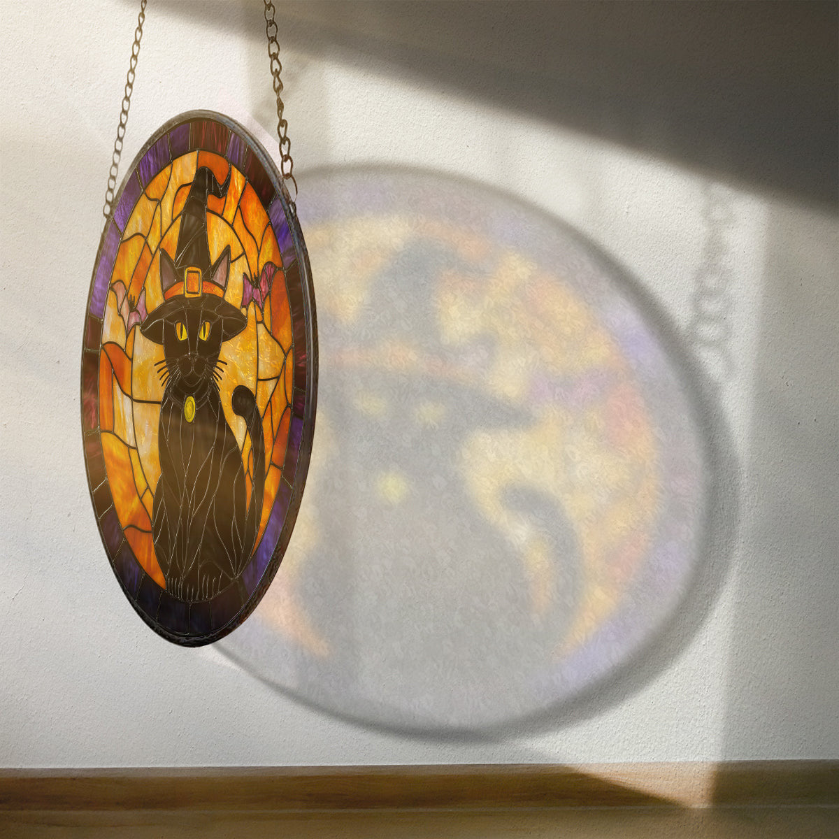 Halloween Black Cat Faux Stained Glass Suncatcher, Halloween Ghost Decorations, Halloween Black Cat Spooky Season Gift For Cat Lover