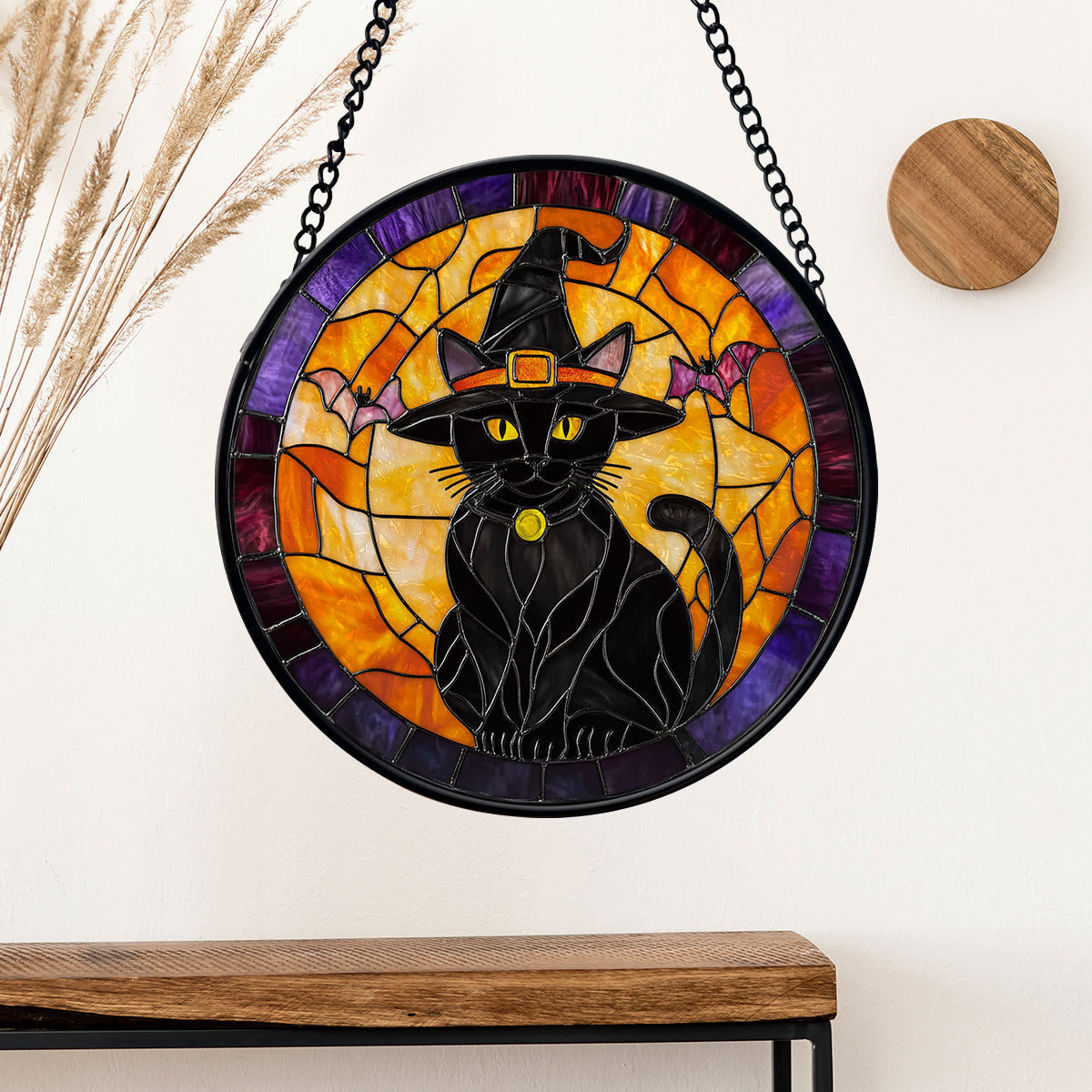 Halloween Black Cat Faux Stained Glass Suncatcher, Halloween Ghost Decorations, Halloween Black Cat Spooky Season Gift For Cat Lover