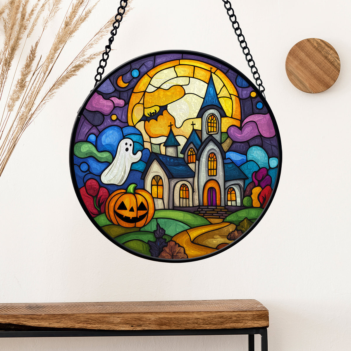 Halloween Faux Stained Glass Suncatcher Window Hanging, Halloween Boo Pumpkin Colorful Suncatcher Faux Stained Glass Suncatcher, Halloween Home Decor