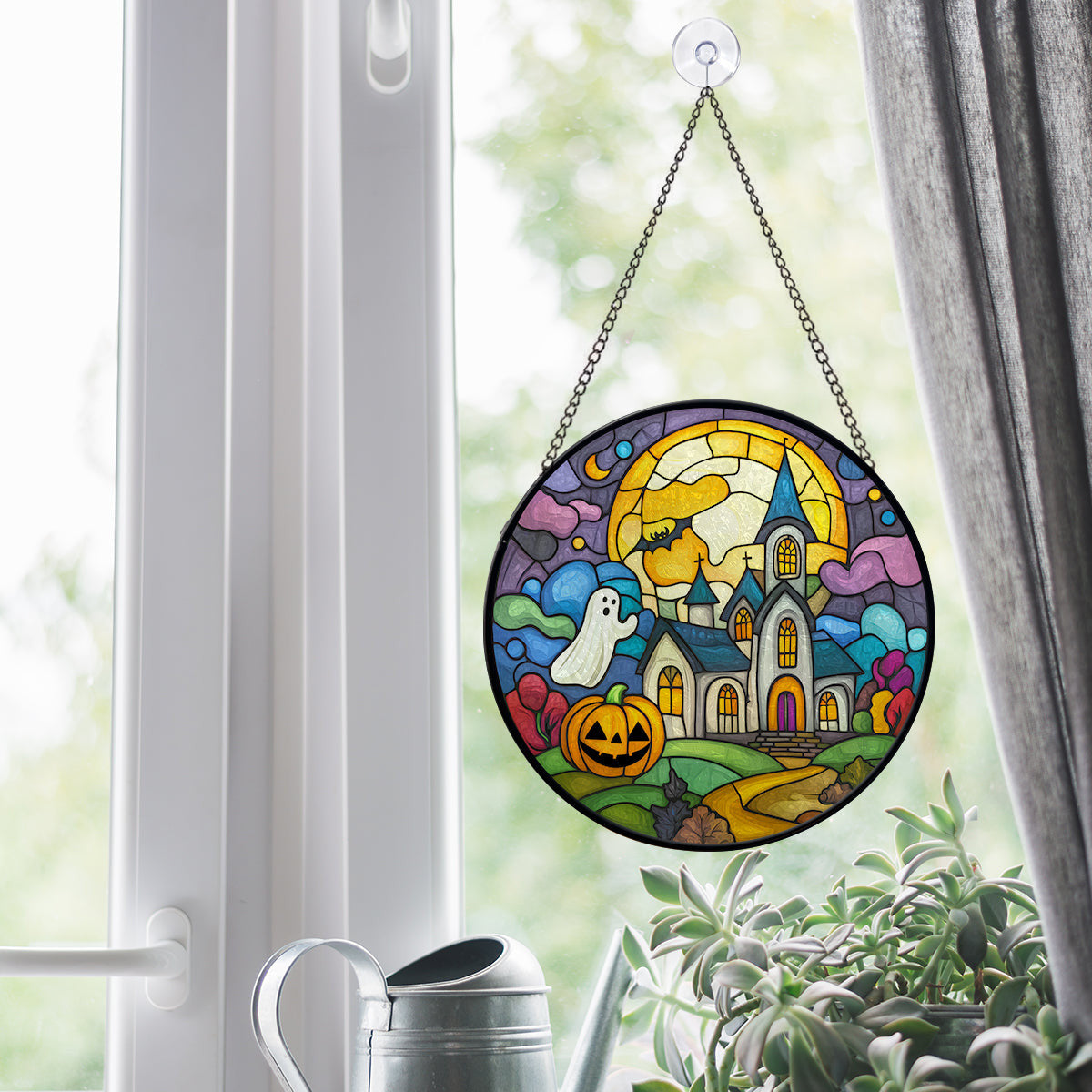 Halloween Faux Stained Glass Suncatcher Window Hanging, Halloween Boo Pumpkin Colorful Suncatcher Faux Stained Glass Suncatcher, Halloween Home Decor