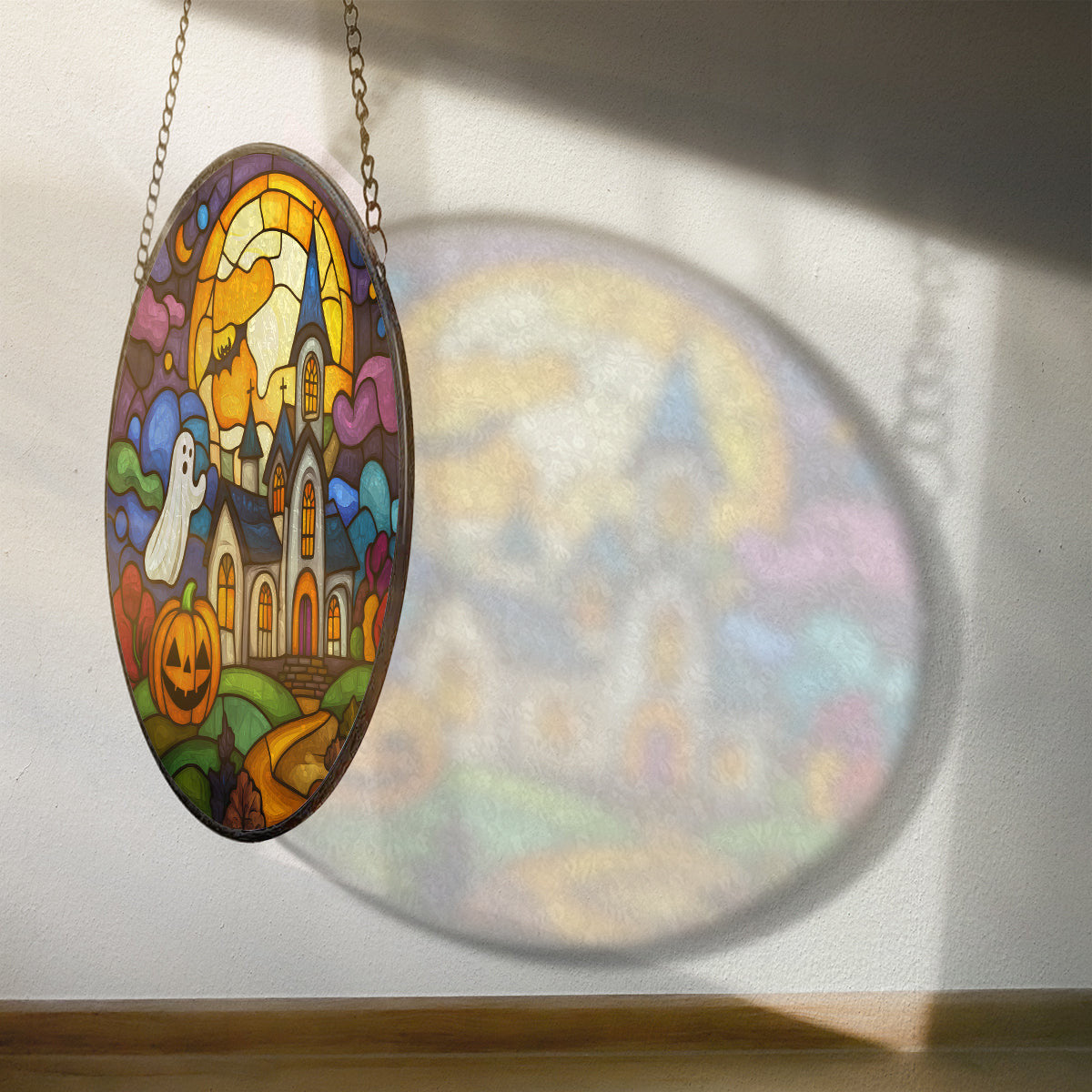 Halloween Faux Stained Glass Suncatcher Window Hanging, Halloween Boo Pumpkin Colorful Suncatcher Faux Stained Glass Suncatcher, Halloween Home Decor